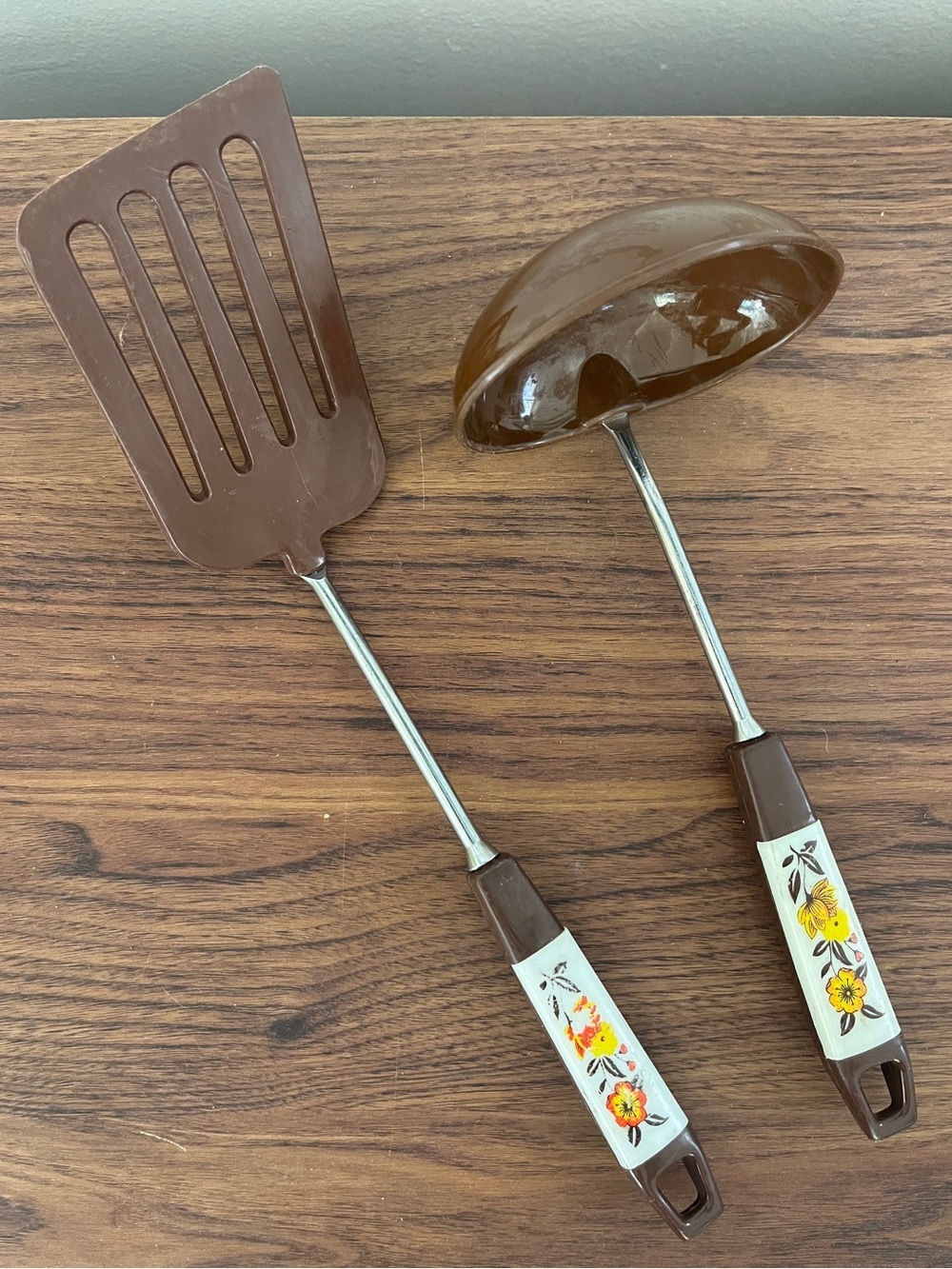 VTG 70s Brown Soup Ladle Spatula Set Groovy Whimsy Kitchen Utensils Cottage